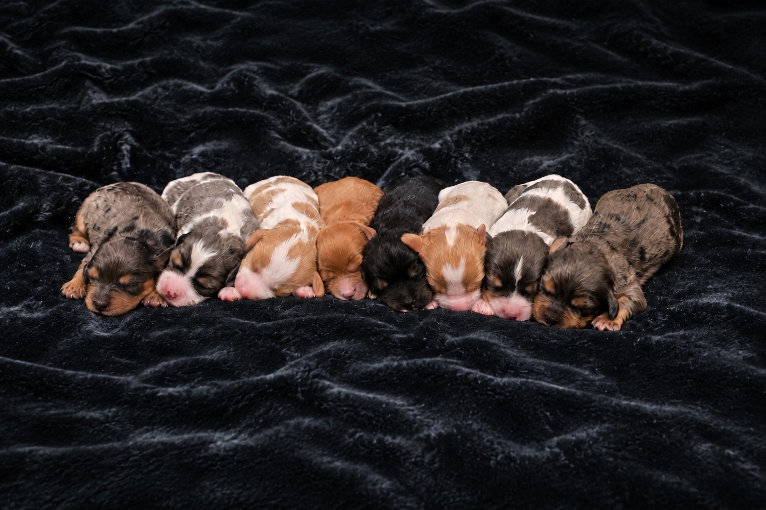 Our Munchkin Bernedoodle litter asleep side by side
